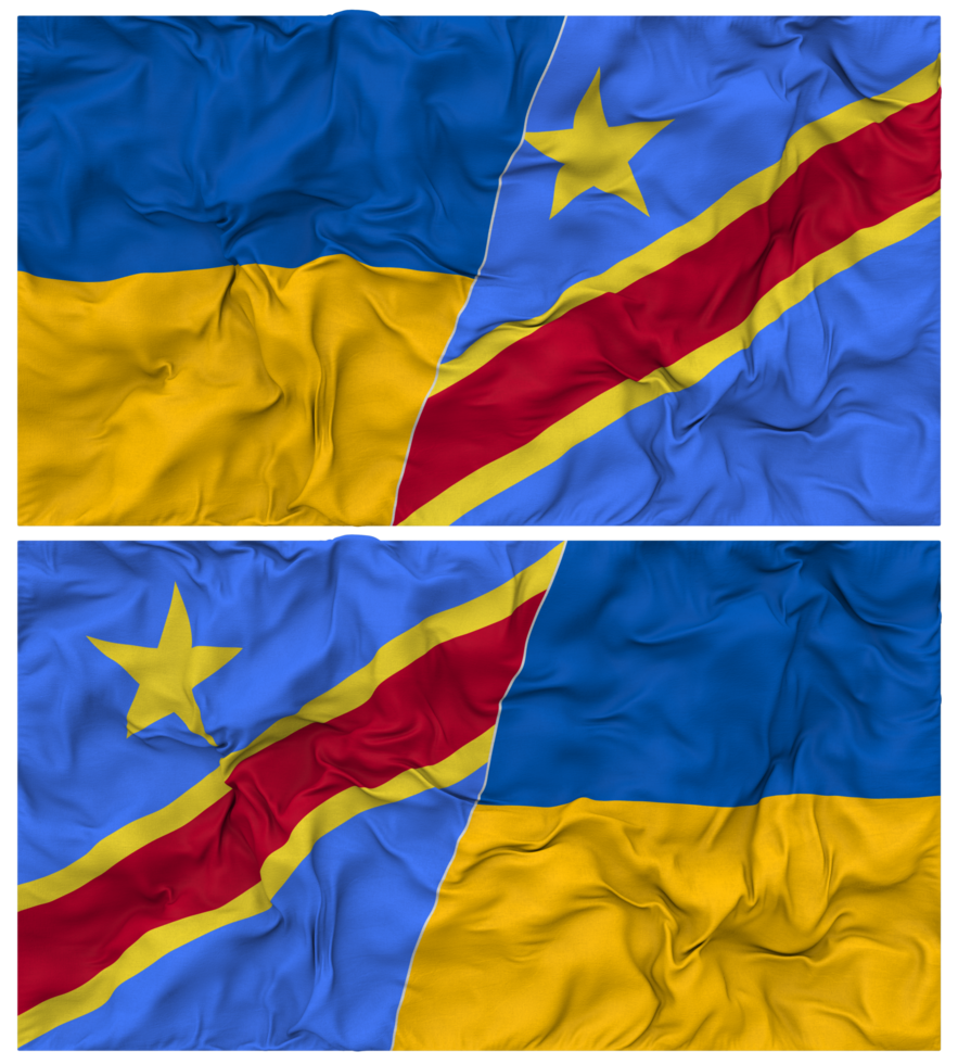 DR Congo and Ukraine Half Combined Flags Background with Cloth Bump Texture, Bilateral Relations, Peace and Conflict, 3D Rendering png