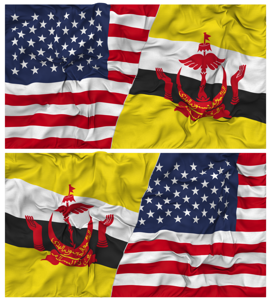 Brunei and United States Half Combined Flags Background with Cloth Bump Texture, Bilateral Relations, Peace and Conflict, 3D Rendering png