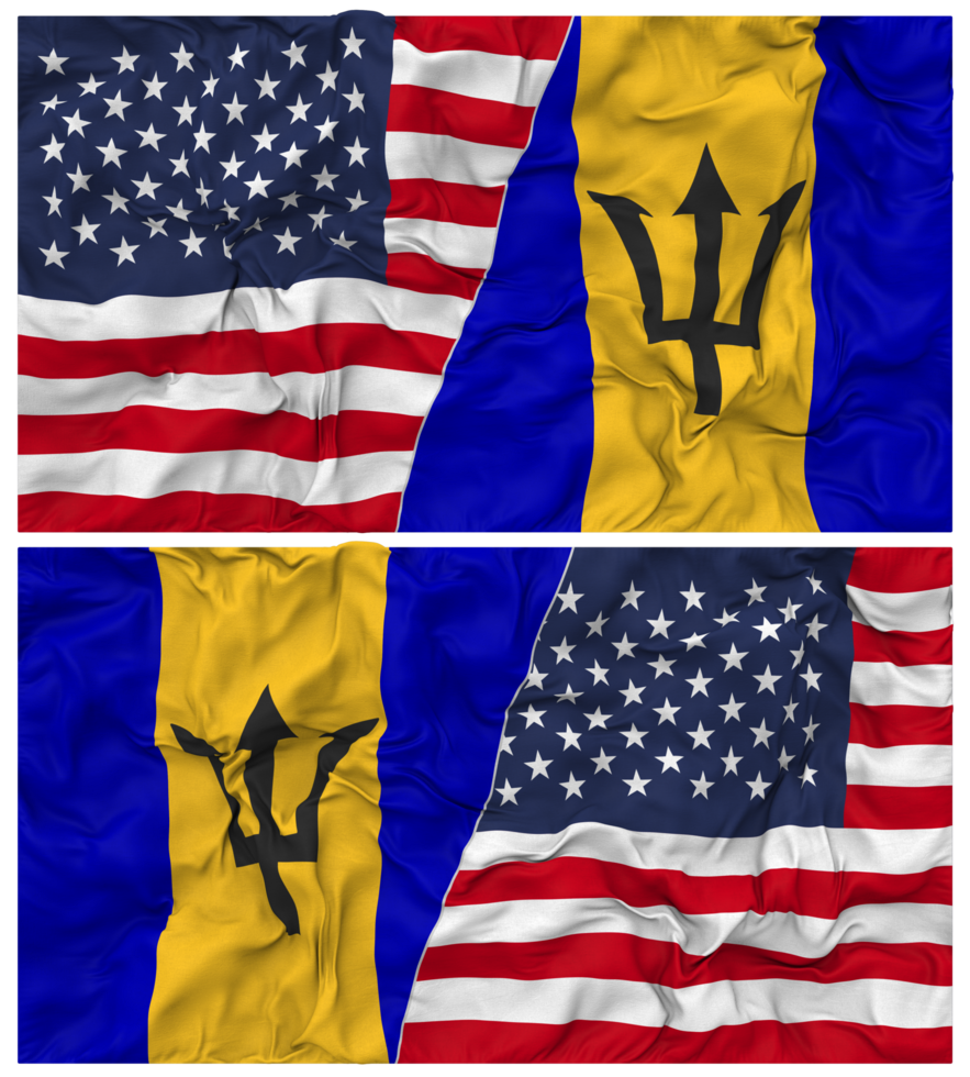 Barbados and United States Half Combined Flags Background with Cloth Bump Texture, Bilateral Relations, Peace and Conflict, 3D Rendering png