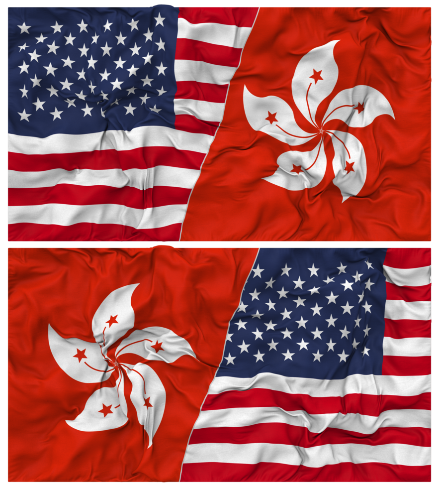 Hong Kong and United States Half Combined Flags Background with Cloth Bump Texture, Bilateral Relations, Peace and Conflict, 3D Rendering png