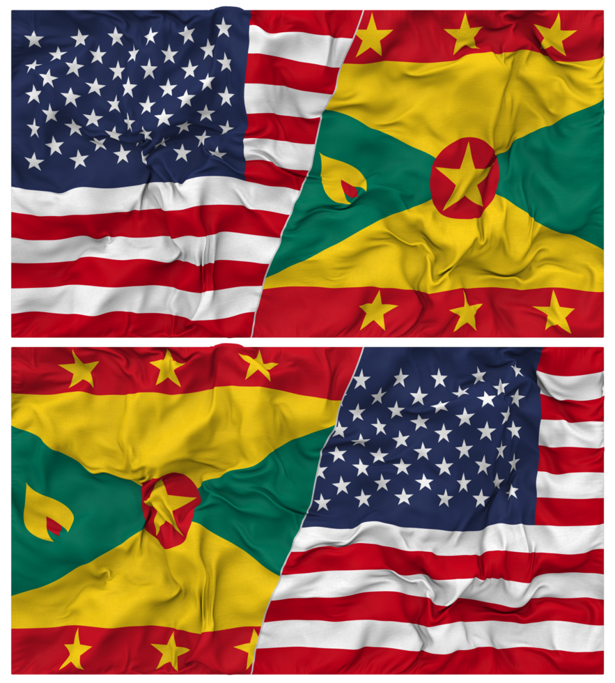 Grenada and United States Half Combined Flags Background with Cloth Bump Texture, Bilateral Relations, Peace and Conflict, 3D Rendering png