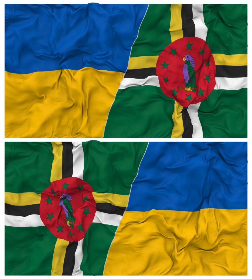 Dominica and Ukraine Half Combined Flags Background with Cloth Bump Texture, Bilateral Relations, Peace and Conflict, 3D Rendering png