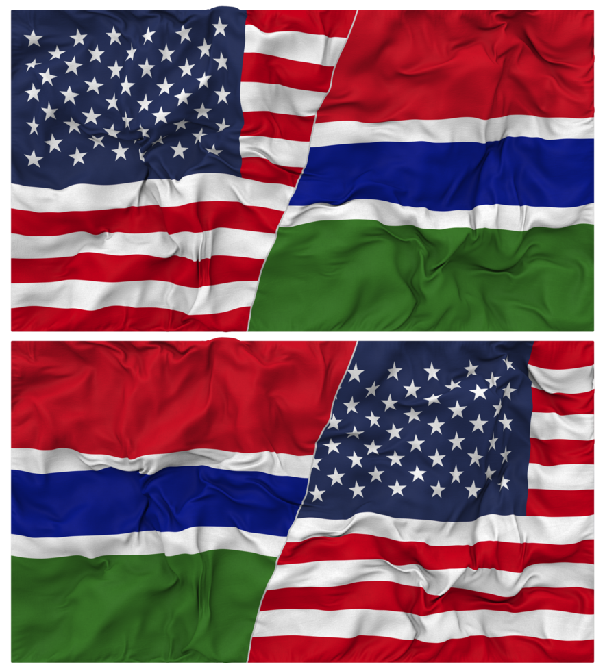 Gambia and United States Half Combined Flags Background with Cloth Bump Texture, Bilateral Relations, Peace and Conflict, 3D Rendering png