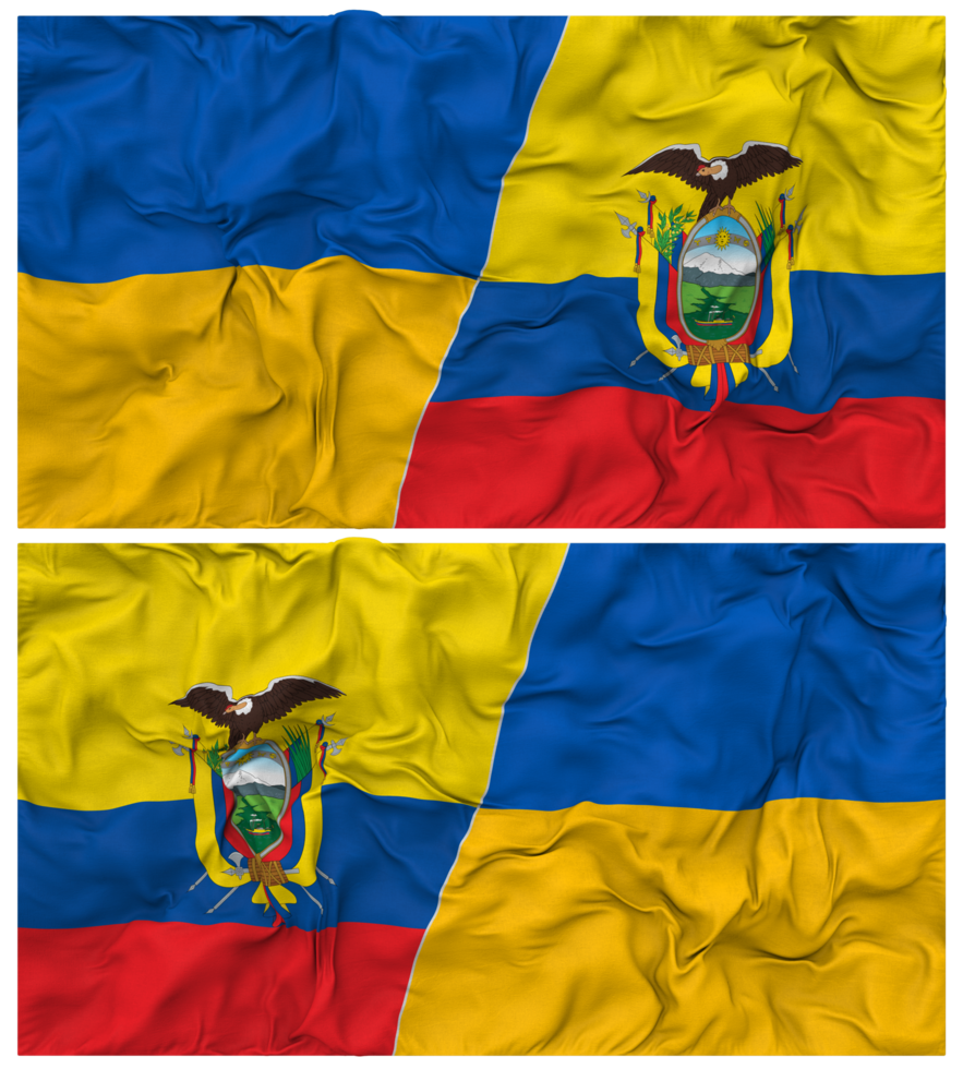 Ecuador and Ukraine Half Combined Flags Background with Cloth Bump Texture, Bilateral Relations, Peace and Conflict, 3D Rendering png