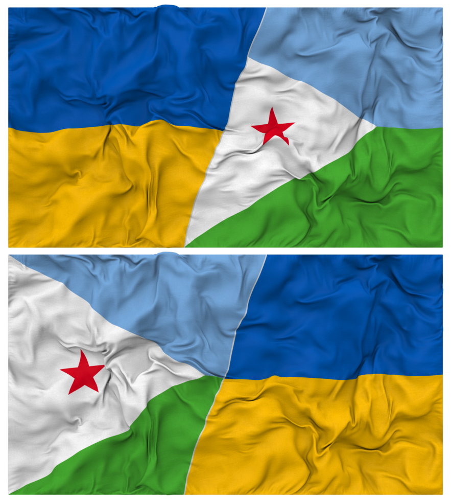 Djibouti and Ukraine Half Combined Flags Background with Cloth Bump Texture, Bilateral Relations, Peace and Conflict, 3D Rendering png