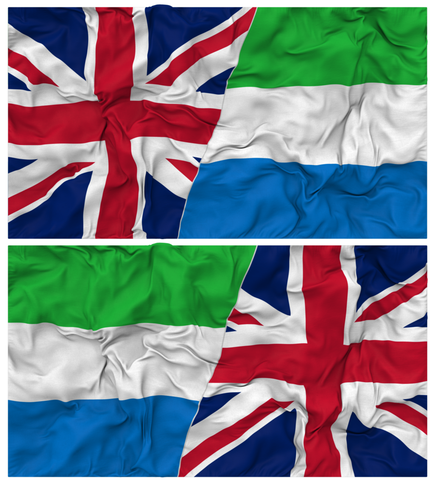 Sierra Leone and United Kingdom Half Combined Flags Background with Cloth Bump Texture, Bilateral Relations, Peace and Conflict, 3D Rendering png