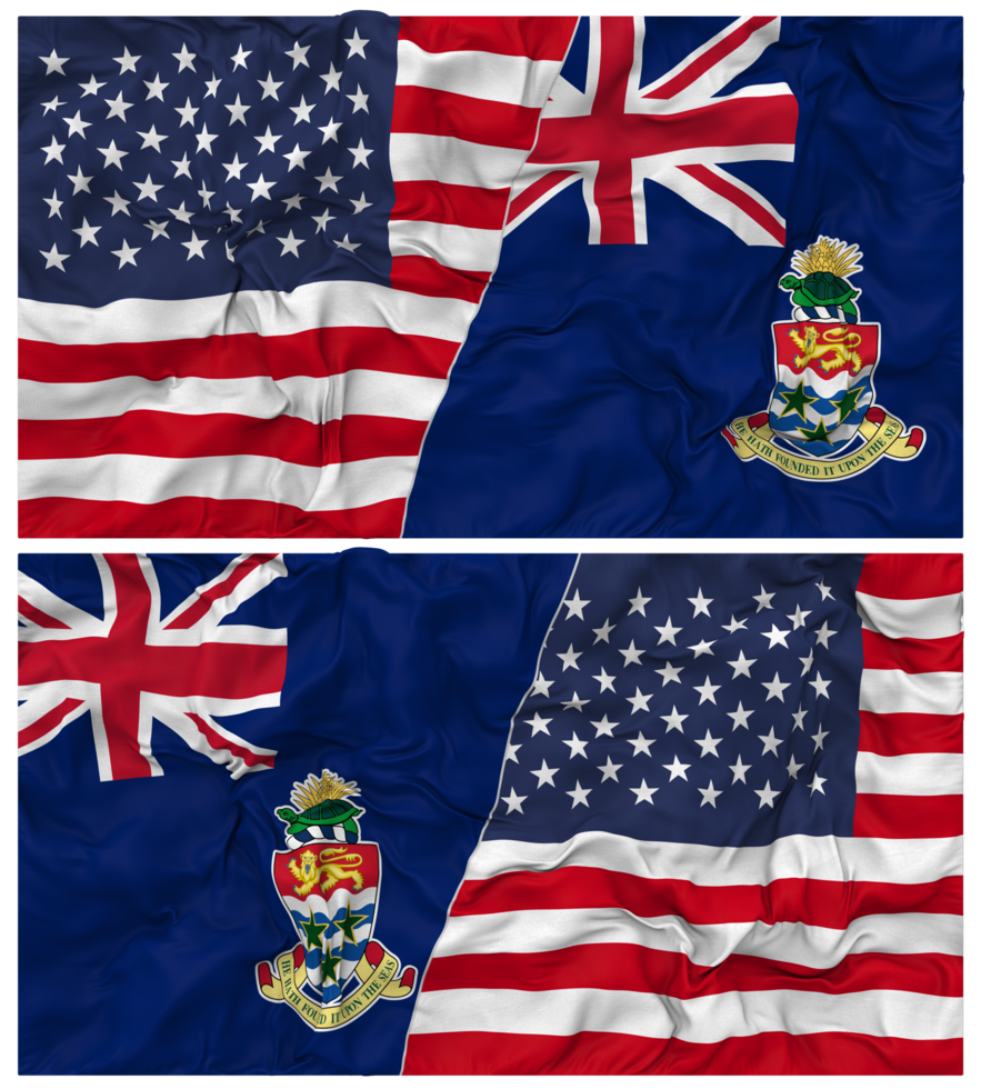Cayman Islands and United States Half Combined Flags Background with Cloth Bump Texture, Bilateral Relations, Peace and Conflict, 3D Rendering png