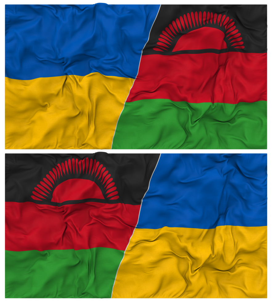 Malawi and Ukraine Half Combined Flags Background with Cloth Bump Texture, Bilateral Relations, Peace and Conflict, 3D Rendering png
