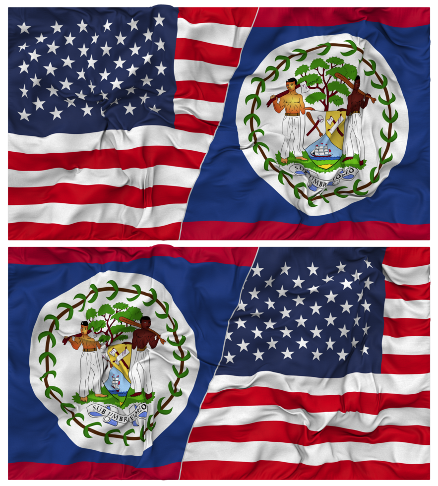 Belize and United States Half Combined Flags Background with Cloth Bump Texture, Bilateral Relations, Peace and Conflict, 3D Rendering png
