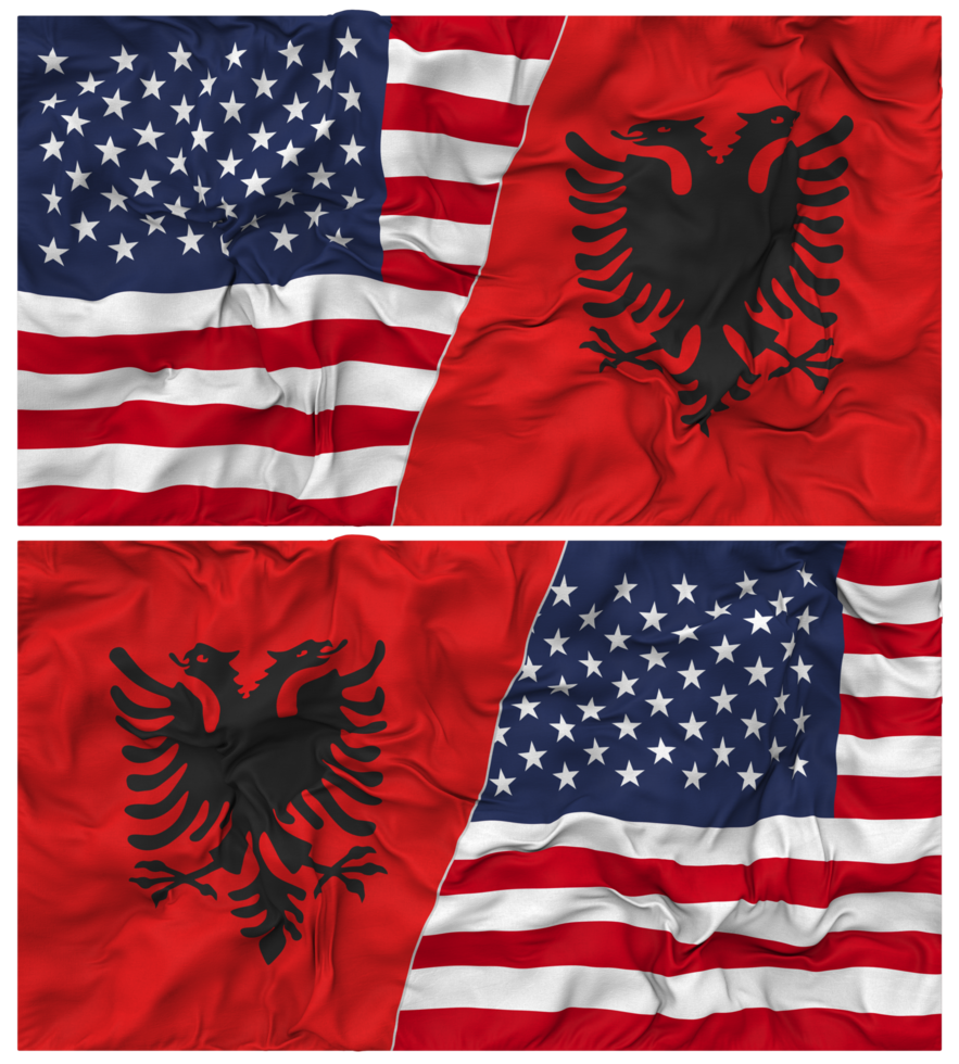 Albania and United States Half Combined Flags Background with Cloth Bump Texture, Bilateral Relations, Peace and Conflict, 3D Rendering png
