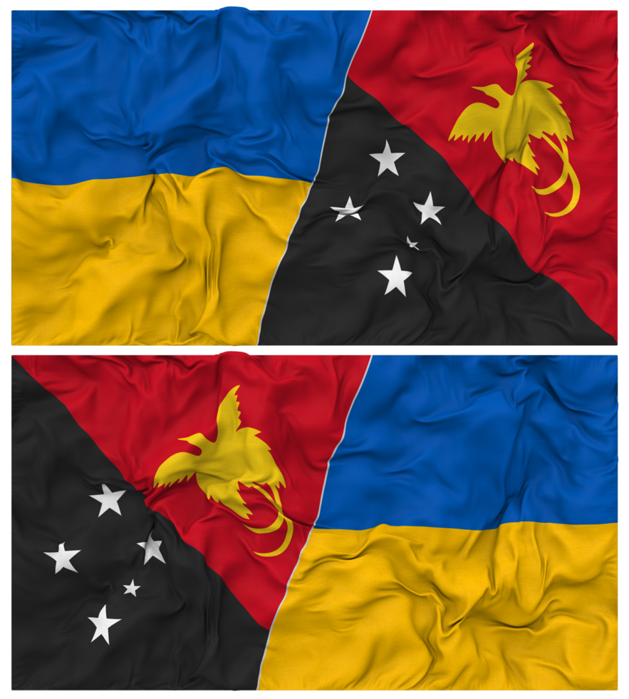 Papua New Guinea and Ukraine Half Combined Flags Background with Cloth Bump Texture, Bilateral Relations, Peace and Conflict, 3D Rendering png