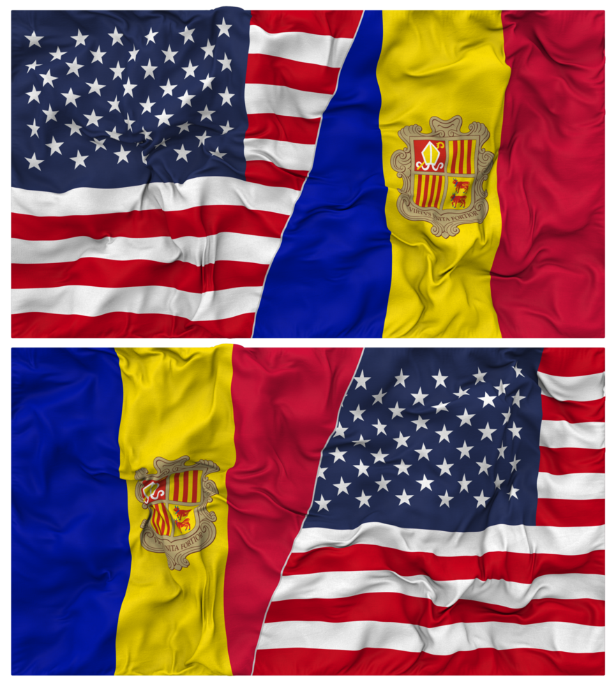 Andorra and United States Half Combined Flags Background with Cloth Bump Texture, Bilateral Relations, Peace and Conflict, 3D Rendering png