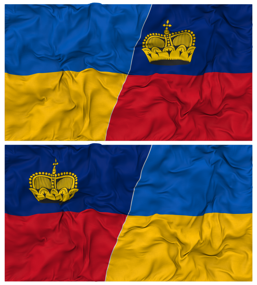 Liechtenstein and Ukraine Half Combined Flags Background with Cloth Bump Texture, Bilateral Relations, Peace and Conflict, 3D Rendering png