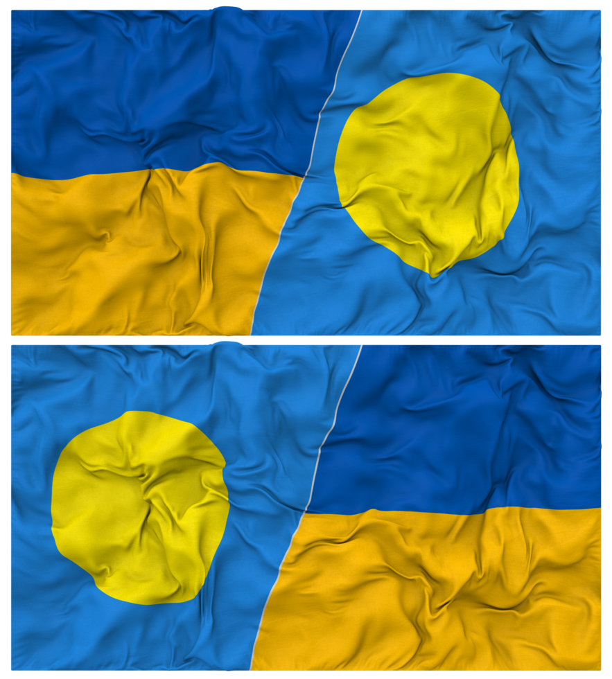 Palau and Ukraine Half Combined Flags Background with Cloth Bump Texture, Bilateral Relations, Peace and Conflict, 3D Rendering png