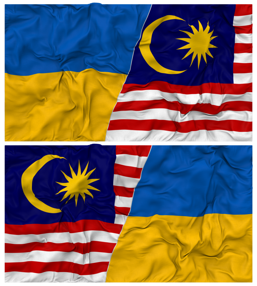 Malaysia and Ukraine Half Combined Flags Background with Cloth Bump Texture, Bilateral Relations, Peace and Conflict, 3D Rendering png