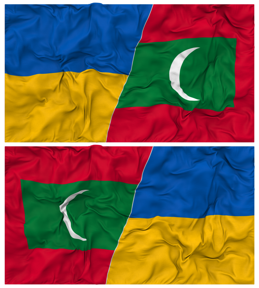 Maldives and Ukraine Half Combined Flags Background with Cloth Bump Texture, Bilateral Relations, Peace and Conflict, 3D Rendering png