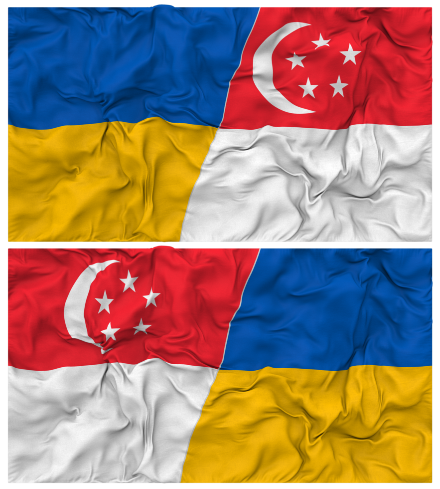 Singapore and Ukraine Half Combined Flags Background with Cloth Bump Texture, Bilateral Relations, Peace and Conflict, 3D Rendering png