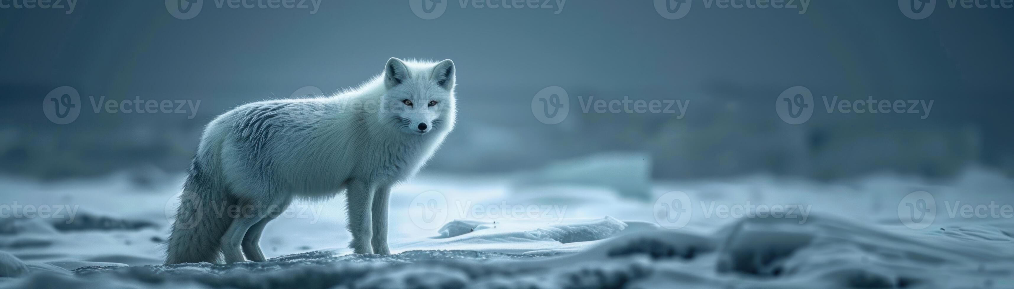 An arctic fox stands on the ice in the middle of a snow-covered tundra. photo