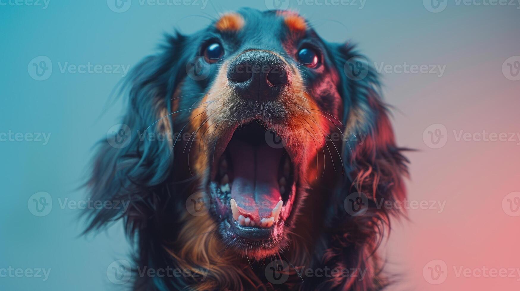 Gordon Setter, angry dog baring its teeth, studio lighting pastel background photo