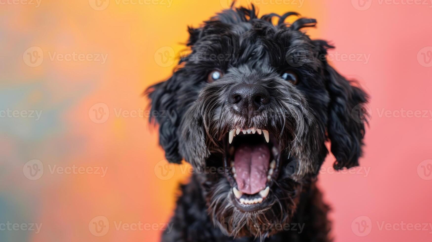 Black Russian Terrier, angry dog baring its teeth, studio lighting pastel background photo