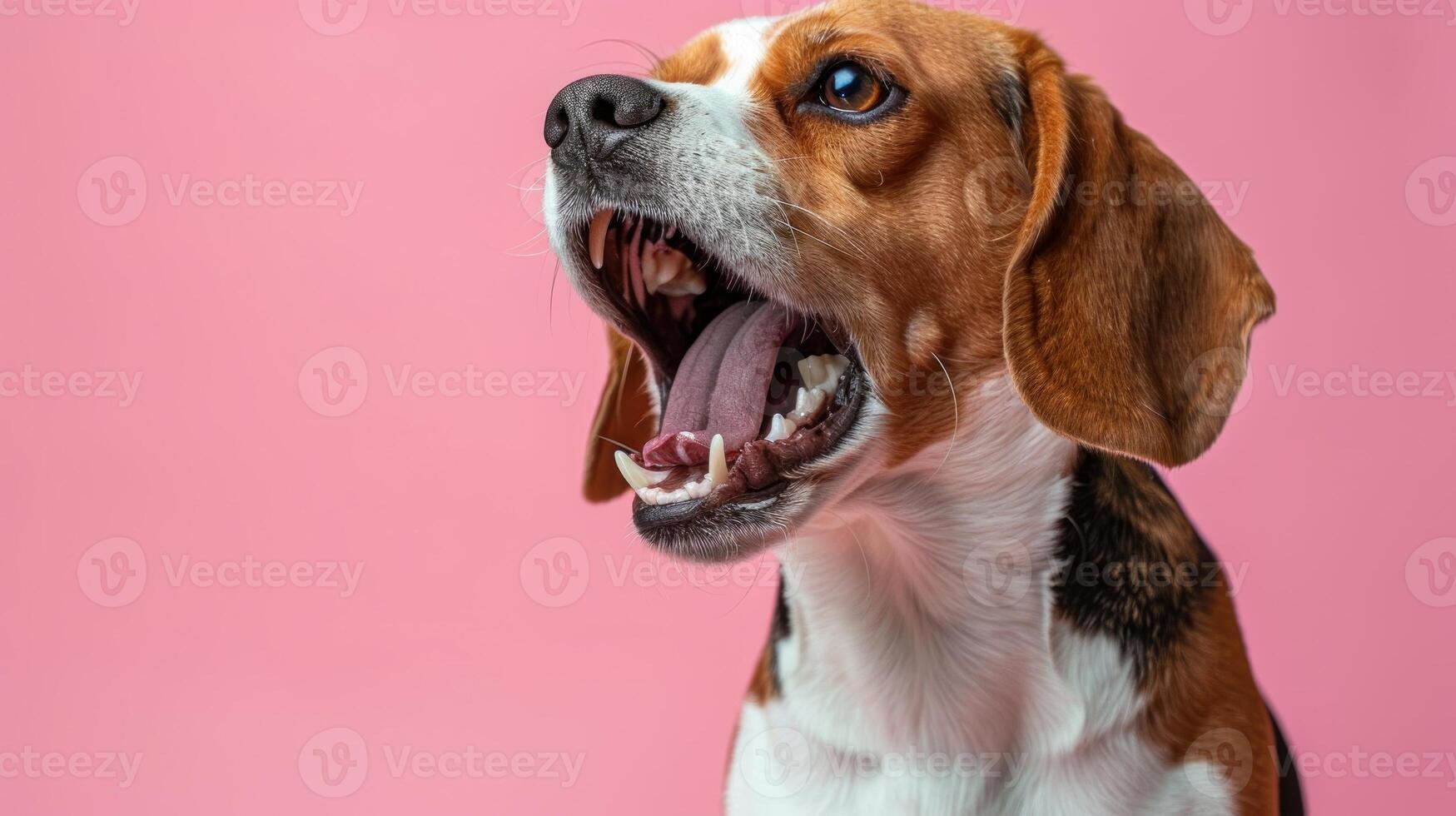 Beagle, angry dog baring its teeth, studio lighting pastel background photo