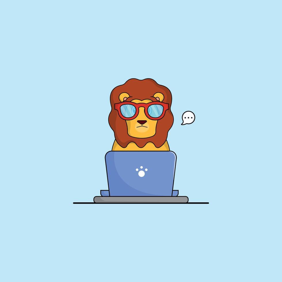 cute animal lion cartoon working at laptop illustration animal technology concept premium flat cartoon vector