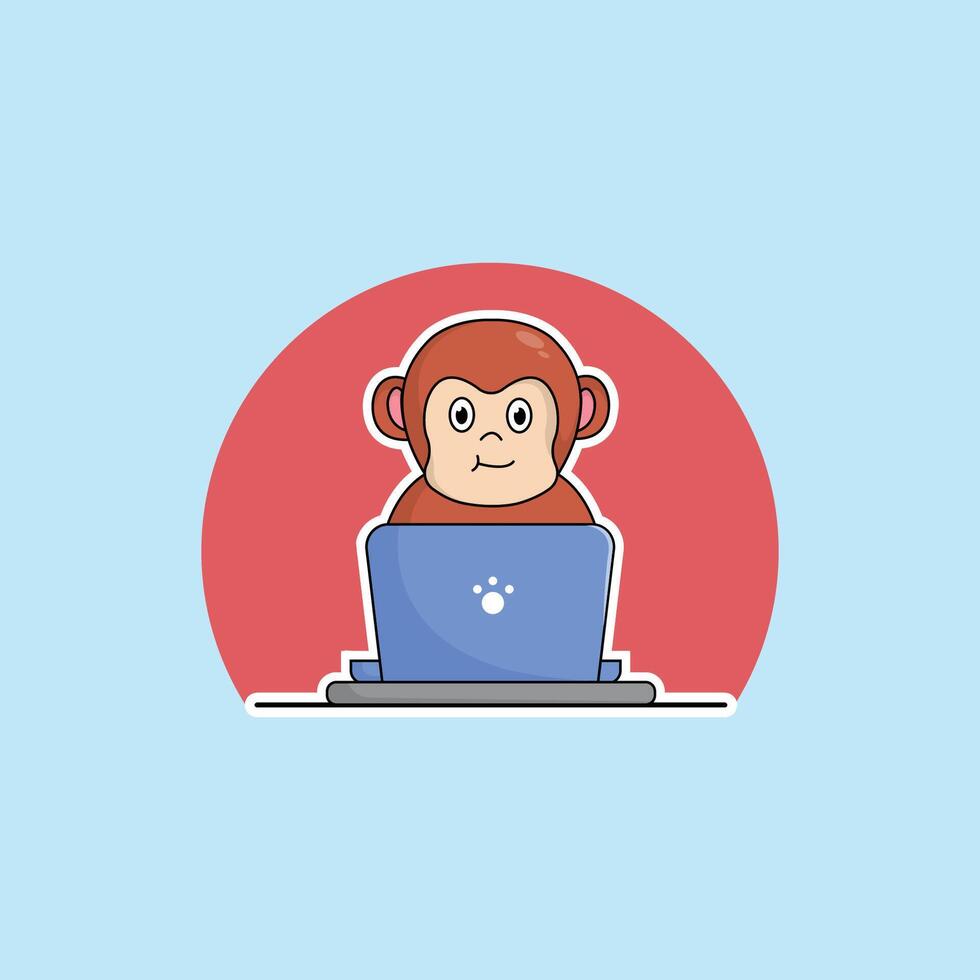 cute animal monkey cartoon working at laptop illustration animal technology concept premium flat cartoon vector