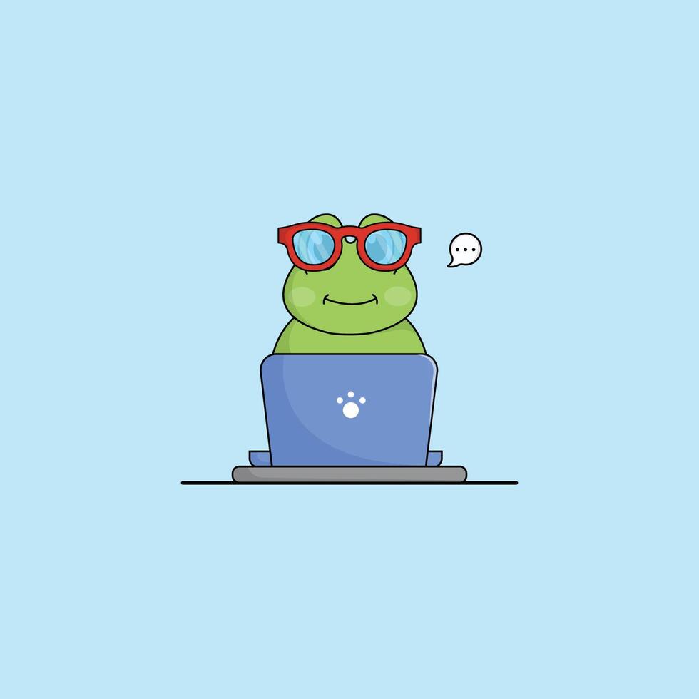 cute animal frog cartoon working at laptop illustration animal technology concept premium flat cartoon vector