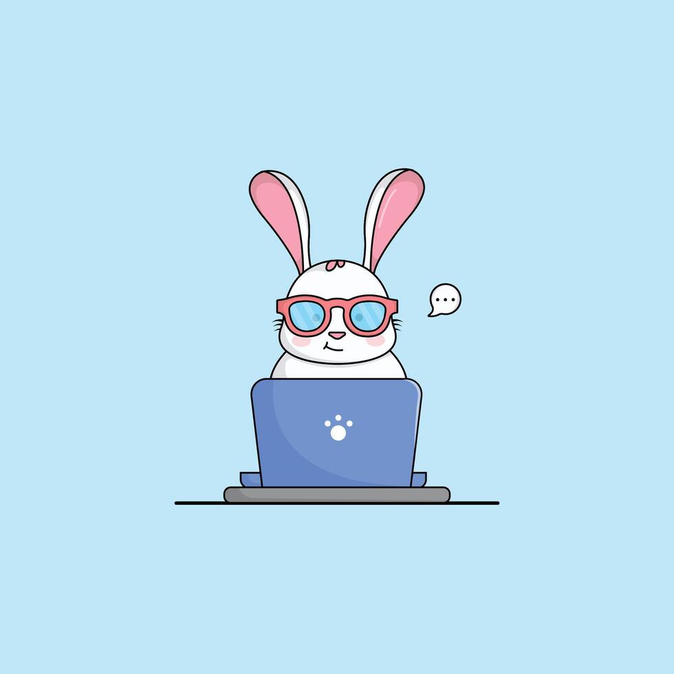cute animal rabbit cartoon working at laptop illustration animal technology concept premium flat cartoon vector