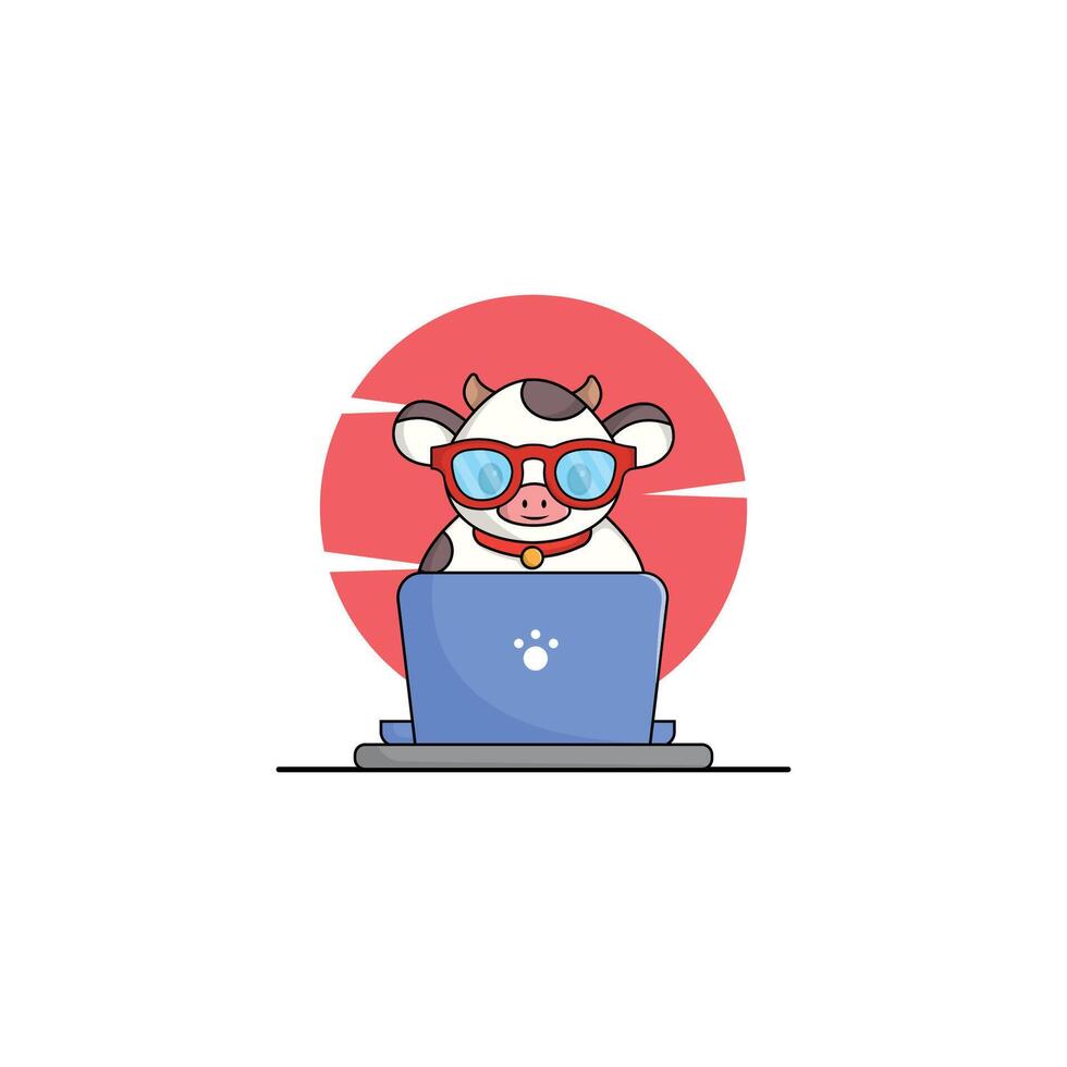 cute animal cow cartoon working at laptop illustration animal technology concept premium flat cartoon vector