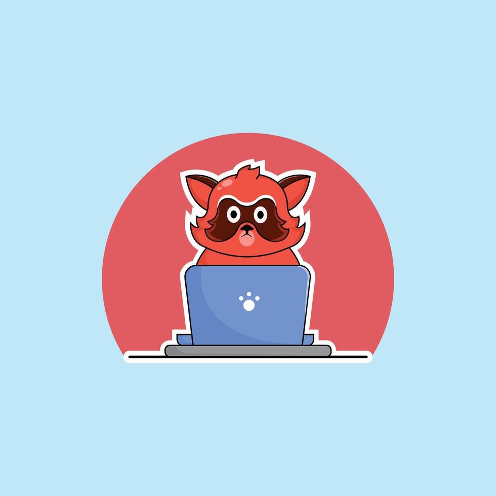 cute animal racoon cartoon working at laptop illustration animal technology concept premium flat cartoon vector