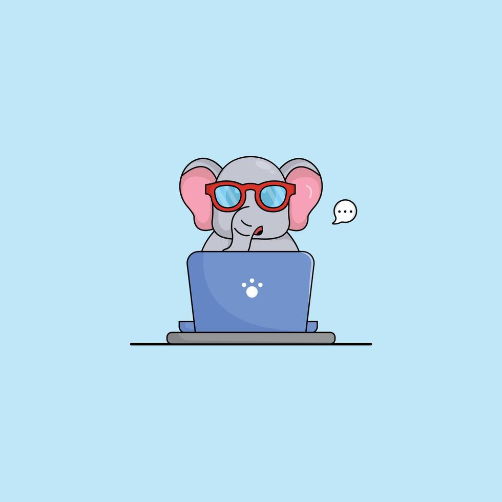 cute animal elephant cartoon working at laptop illustration animal technology concept premium flat cartoon vector