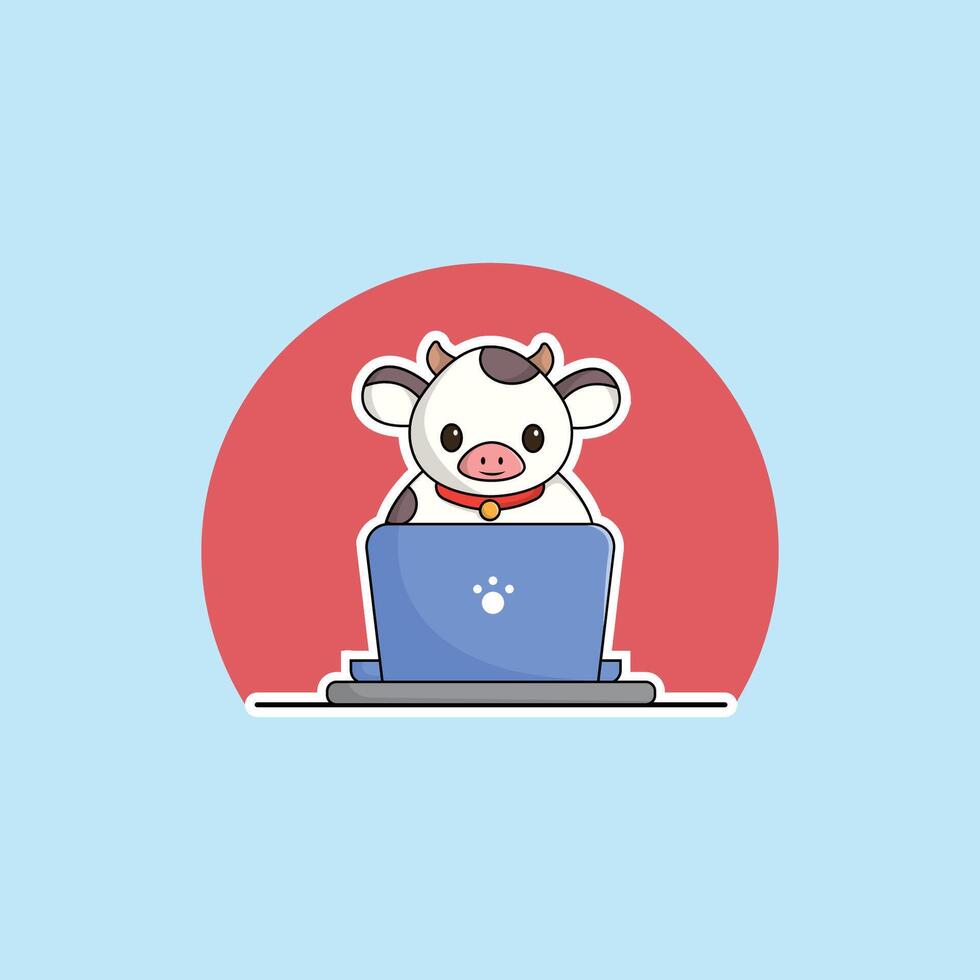 cute animal cow cartoon working at laptop illustration animal technology concept premium flat cartoon vector