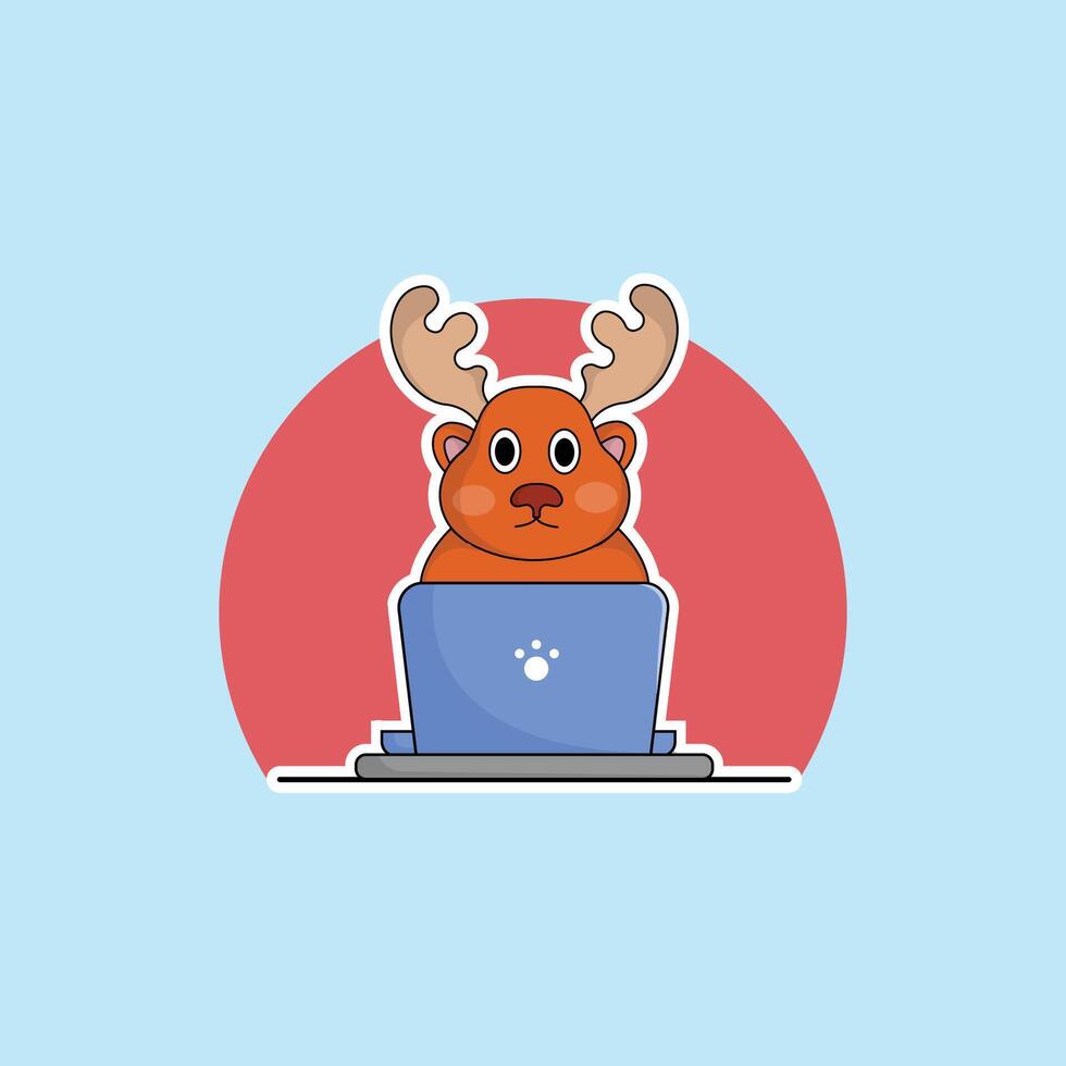 cute animal deer cartoon working at laptop illustration animal technology concept premium flat cartoon vector