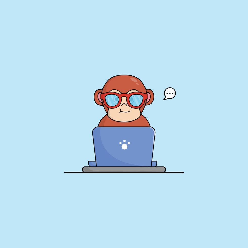 cute animal monkey cartoon working at laptop illustration animal technology concept premium flat cartoon vector