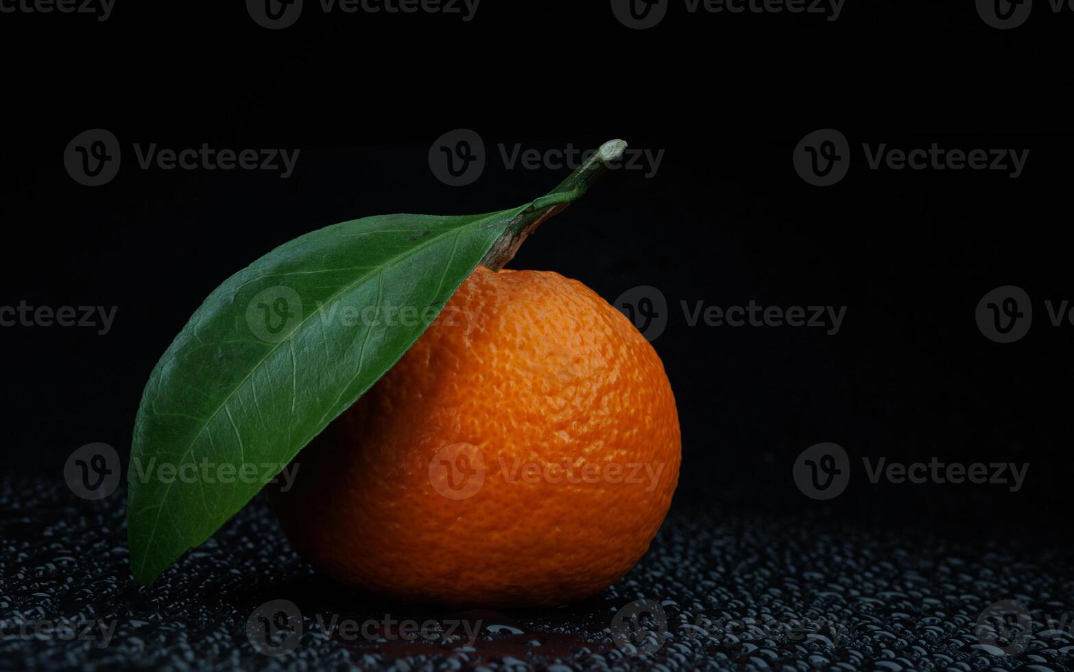 maduro jugoso Mandarina en un negro antecedentes con agua gotas. foto