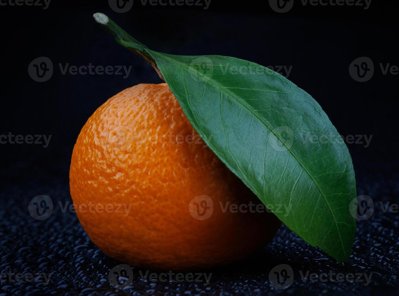 maduro jugoso Mandarina en un negro antecedentes con agua gotas. foto