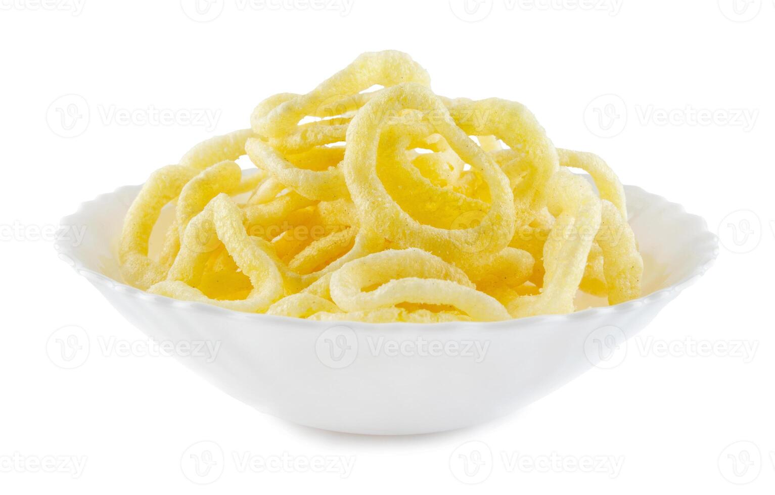 White bowl with onion ring chips isolated on a white background. photo
