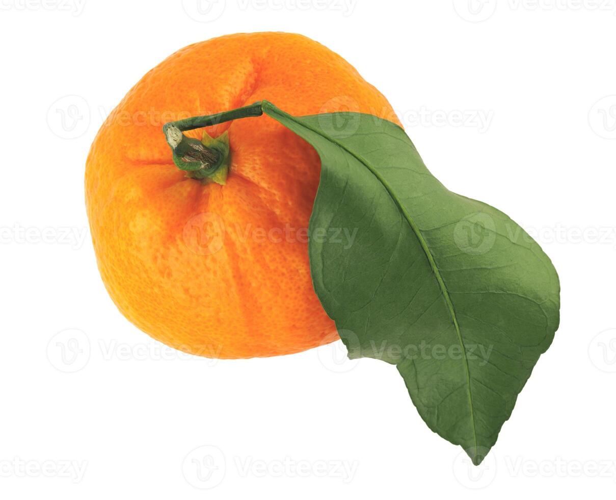 Ripe juicy tangerine isolated on a white background. Organic tangerine with green leaf. Mandarin. photo