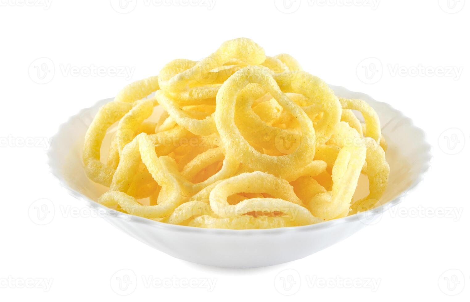 White bowl with onion ring chips isolated on a white background. photo