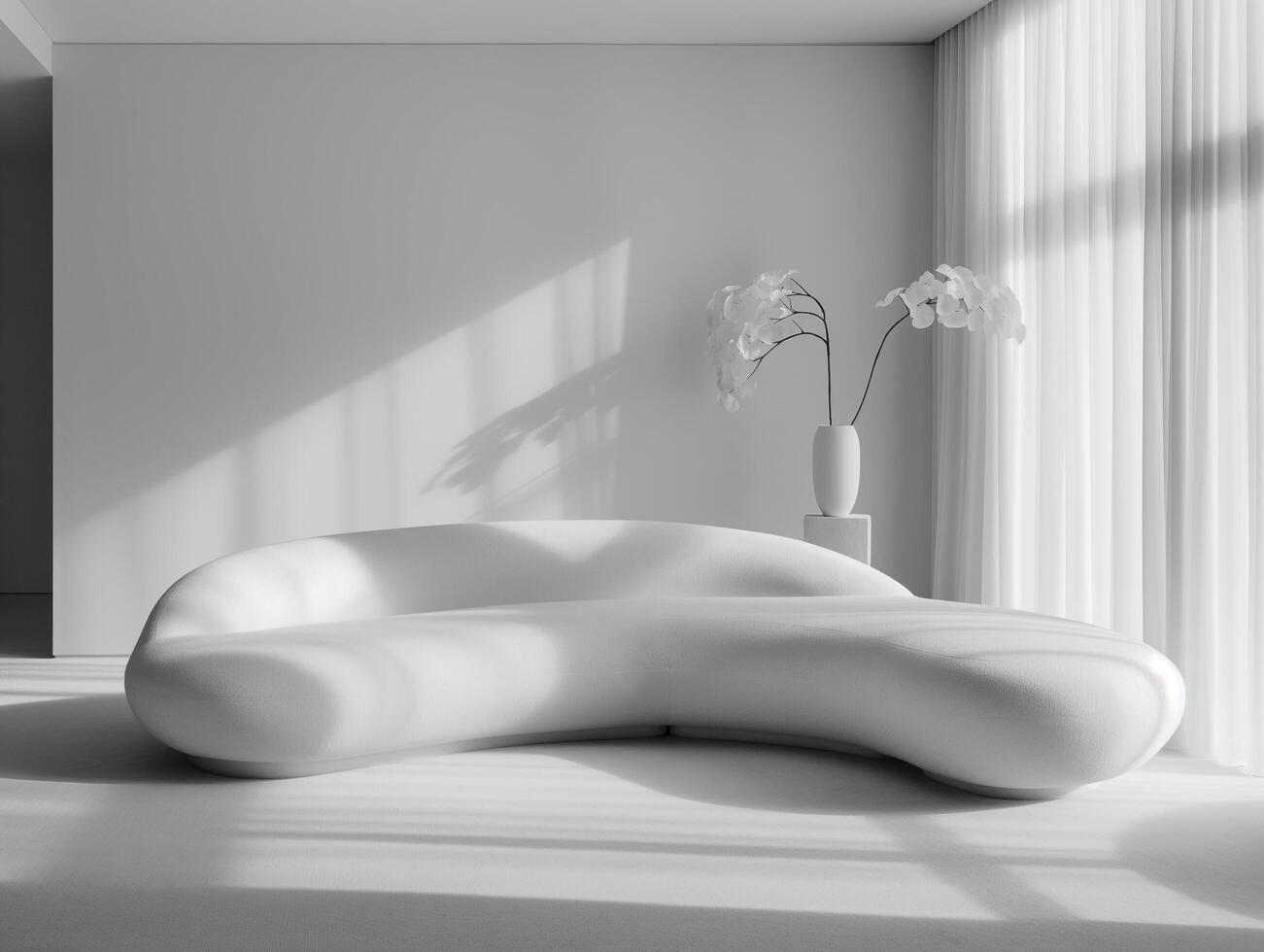 A sumptuous puffy curved sofa, epitome of luxury and comfort, anchors a minimalist modern living room, its inviting curves contrasting beautifully with the sleek. photo