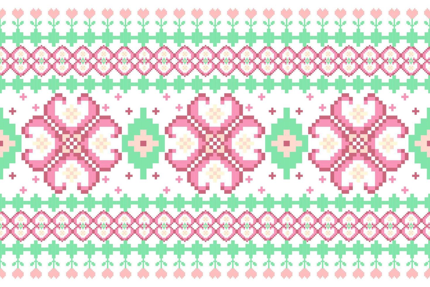Geometric ethnic oriental seamless pattern. Axtec style embroidery floral pixel art background design for fabric, clothing, textile, scarf, wallpaper, table runner, wrapping, print, sarong vector