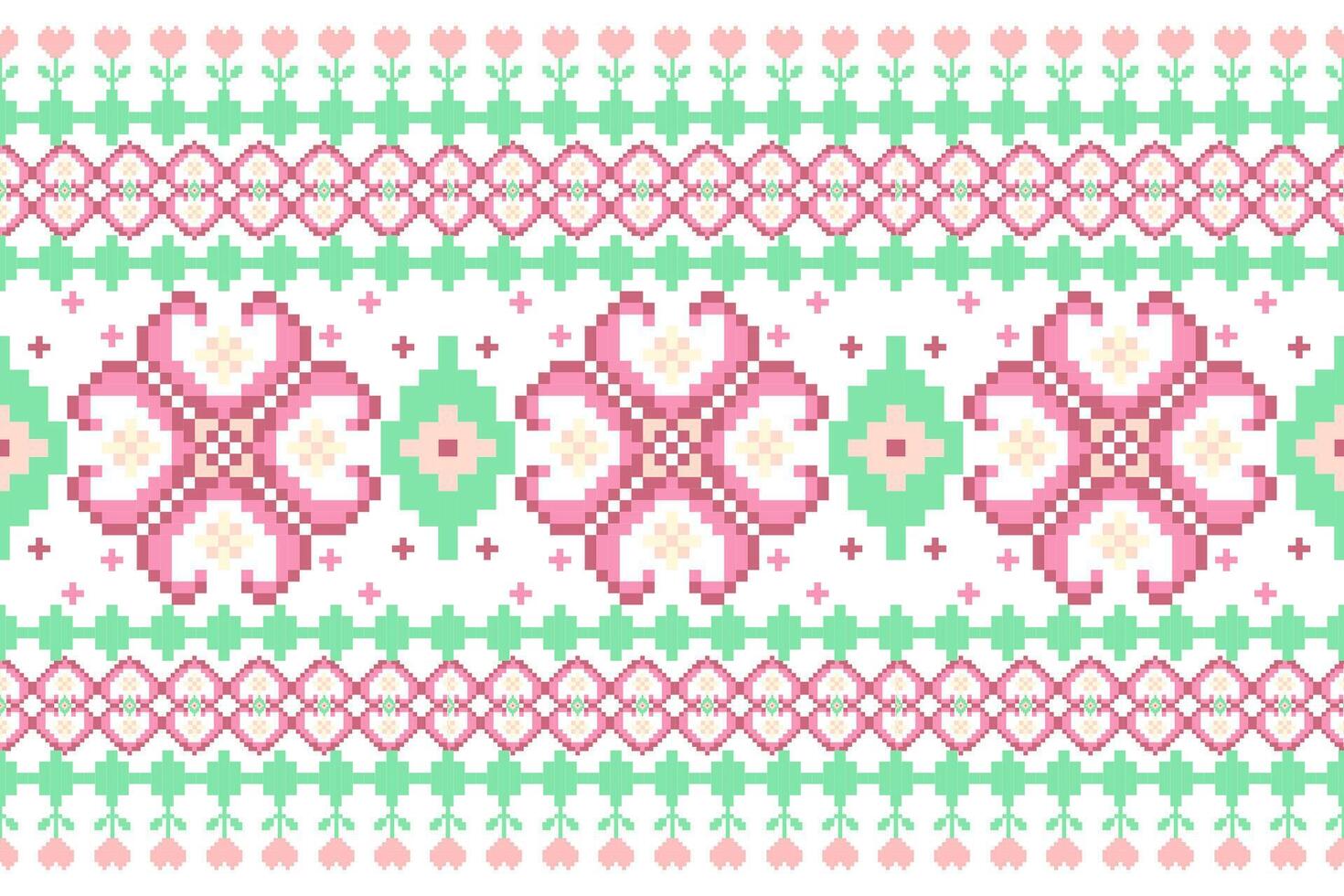 Geometric ethnic oriental seamless pattern. Axtec style embroidery floral pixel art background design for fabric, clothing, textile, scarf, wallpaper, table runner, wrapping, print, sarong vector