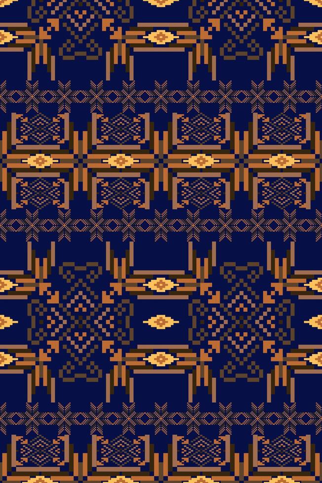 Geometric ethnic oriental seamless pattern. Axtec style embroidery floral pixel art background design for fabric, clothing, textile, scarf, wallpaper, table runner, wrapping, print, sarong vector