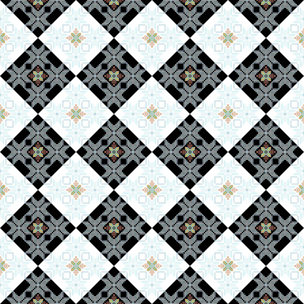 Geometric ethnic oriental seamless pattern. Axtec style embroidery floral pixel art background design for fabric, clothing, textile, scarf, wallpaper, table runner, wrapping, print, sarong vector