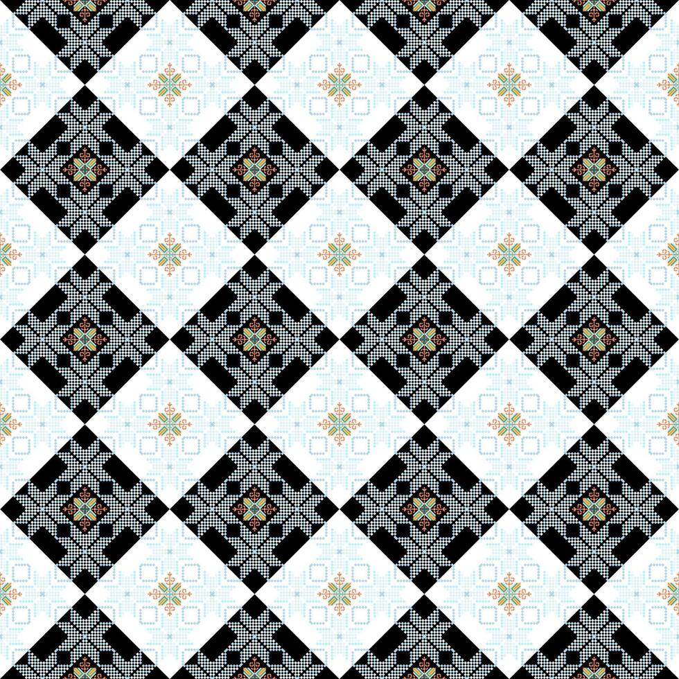 Geometric ethnic oriental seamless pattern. Axtec style embroidery floral pixel art background design for fabric, clothing, textile, scarf, wallpaper, table runner, wrapping, print, sarong vector