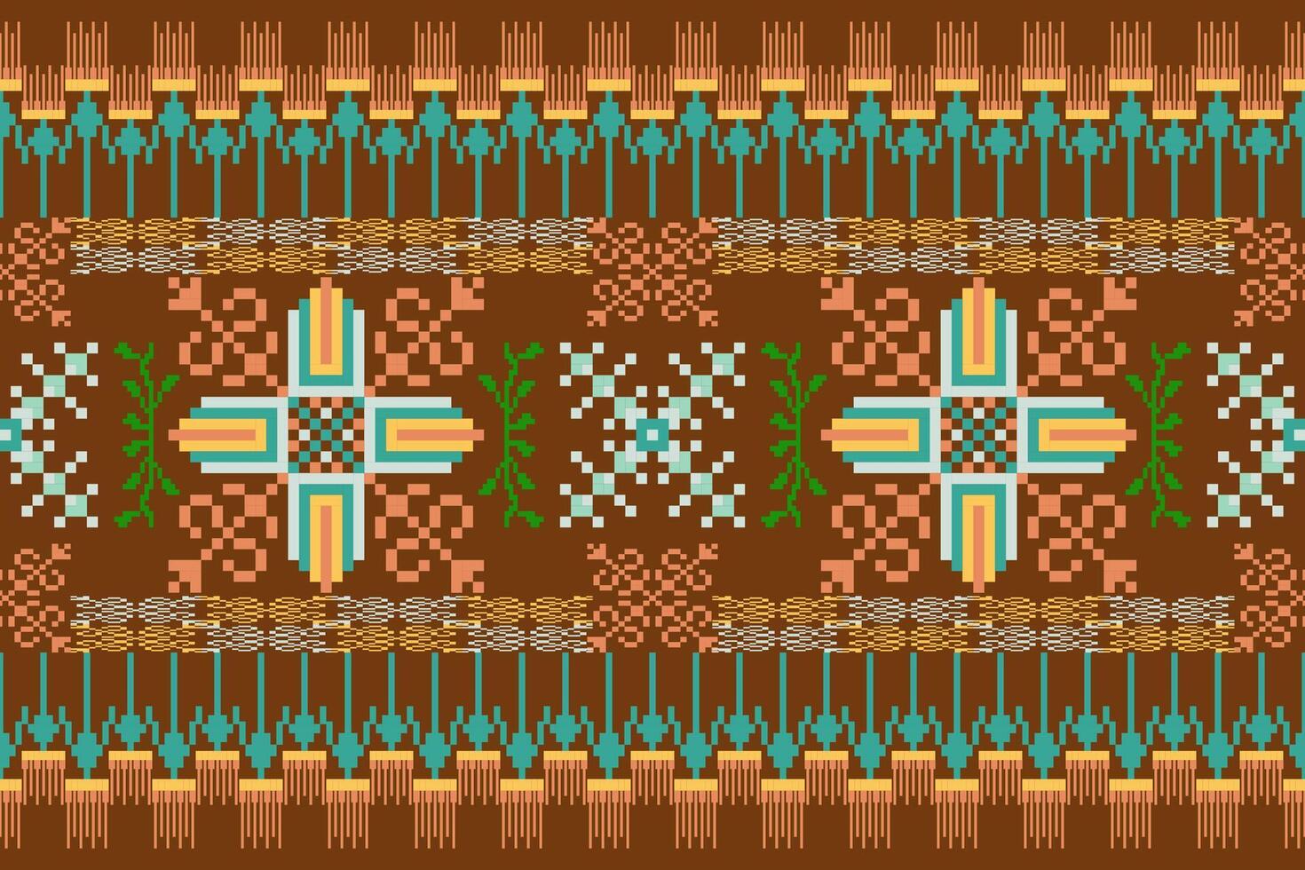 Geometric ethnic oriental seamless pattern. Axtec style embroidery floral pixel art background design for fabric, clothing, textile, scarf, wallpaper, table runner, wrapping, print, sarong vector
