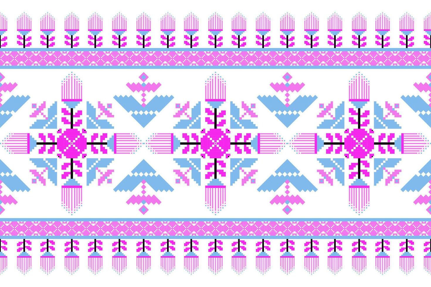 Geometric ethnic oriental seamless pattern. Axtec style embroidery floral pixel art background design for fabric, clothing, textile, scarf, wallpaper, table runner, wrapping, print, sarong vector