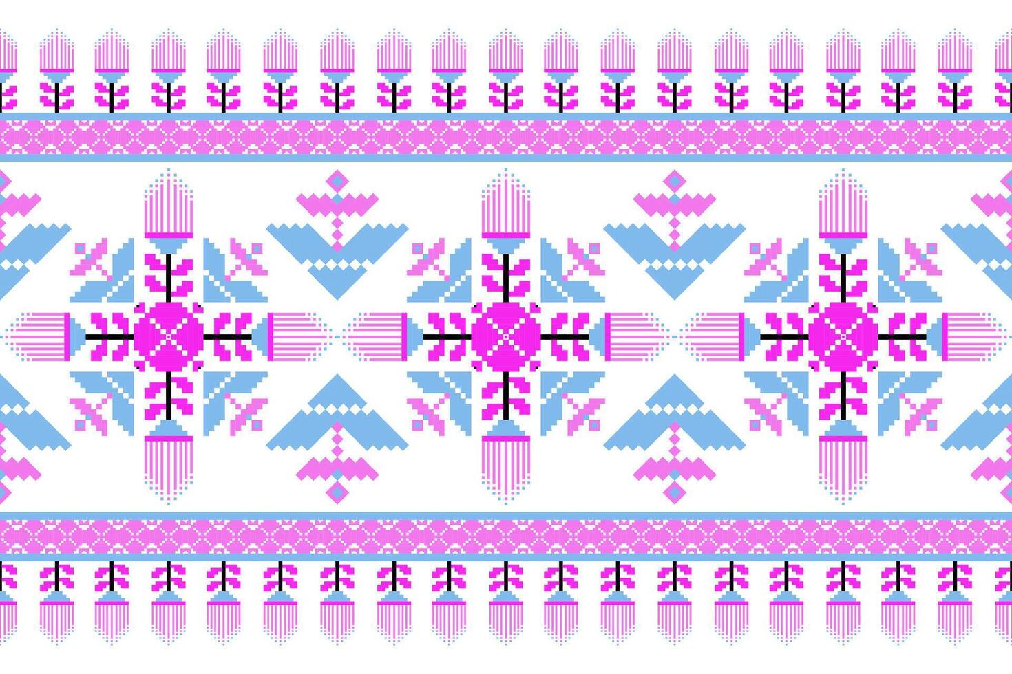 Geometric ethnic oriental seamless pattern. Axtec style embroidery floral pixel art background design for fabric, clothing, textile, scarf, wallpaper, table runner, wrapping, print, sarong vector