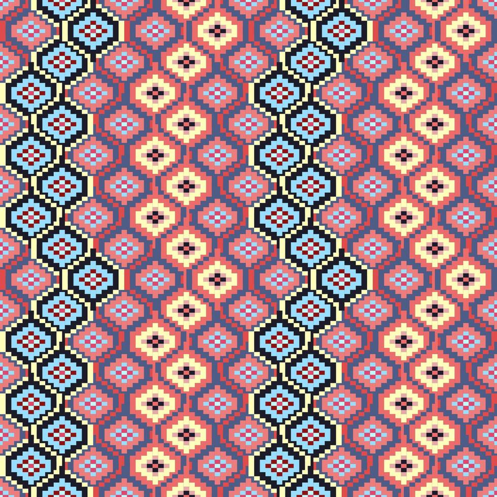 Geometric ethnic oriental seamless pattern. Axtec style embroidery floral pixel art background design for fabric, clothing, textile, scarf, wallpaper, table runner, wrapping, print, sarong vector
